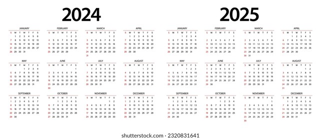 Calendar 2024, calendar 2025 week start Sunday corporate design planner template.