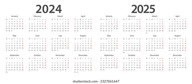 Calendar 2024, calendar 2025 week start Monday corporate design planner template.