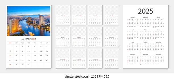 Calendar 2024, calendar 2025 week start Sunday corporate design template vector. Desk calendar 2024. Wall calendar 2024. Sample image with mesh.