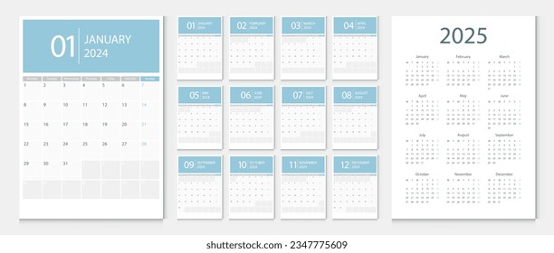 Calendar 2024, calendar 2025 week start Monday corporate design template vector. Desk calendar 2024.