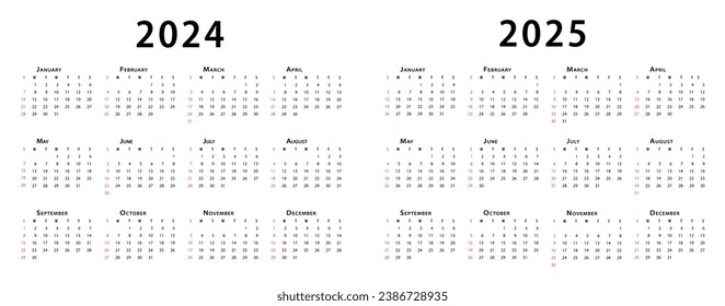 Calendar 2024, calendar 2025 week start Sunday corporate design planner template. Vector Design