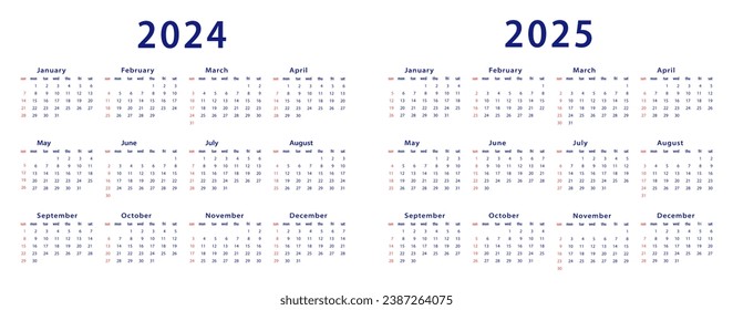 Calendario 2024, calendario 2025 semana de inicio domingo plantilla de planificación de diseño corporativo. Ilustración vectorial.