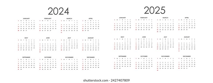 Calendar 2024. Calendar 2025. Week start Sunday corporate design planner template.