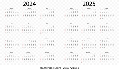 Calendar 2024 and calendar 2025. Week starts from Sunday. Planner template. Vector illustration isolated on transparent background
