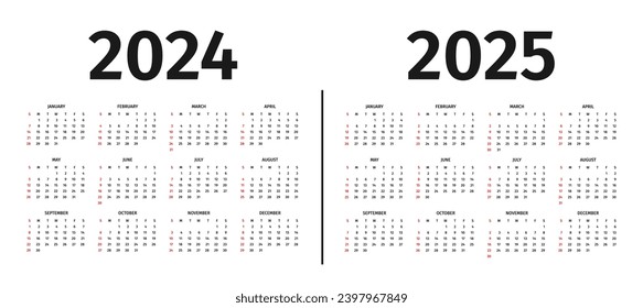 Calendar for 2024 and 2025 year. Calendar template, layout in black and white colors. Annual 2024 and 2025 calendar mockup on white background. Week starts on Sunday. Vector