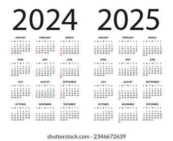 Kalender 2024, 2025 - Vektorgrafik. Die Woche beginnt am Sonntag. Zeitplan für 2024, 2025 Jahre