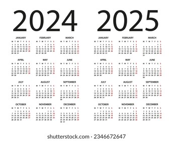 Kalender 2024, 2025 - Vektorgrafik. Die Woche beginnt am Montag. Zeitplan für 2024, 2025 Jahre