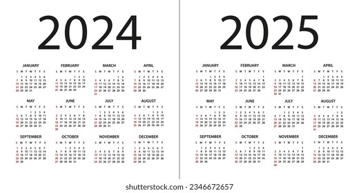 Calendar 2024, 2025 year - vector illustration. Week starts on Sunday. Calendar Set for 2024, 2025 years