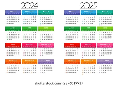Calendar 2024 - 2025 year, week start sunday, colored square months. Vector illustration corporate design planner editable template