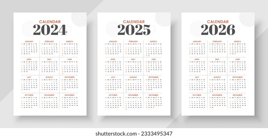 Calendar 2024, calendar 2024 and calendar 2026 week start Sunday corporate design planner template. Simple vertical calendar design template