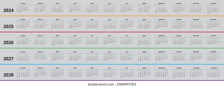 Calendar 2024 - 2028, week starts monday, modern design with vertical months svg