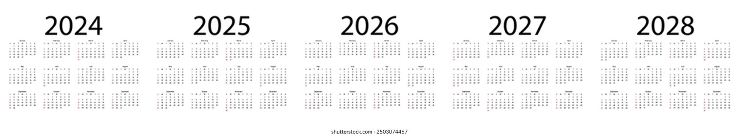 Calendar 2024 - 2028 years.  Week start on Sunday. Vector illustration
