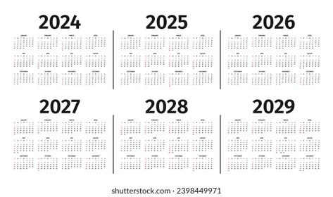 Calendar for 2024 to 2029 year. Calendar template, layout in black and white colors. Annual 2024 to 2029 calendar mockup on white background. Week starts on Sunday. Vector