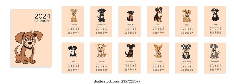 Calendar 2024 A4 with dog. Week start from Sunday. 12 months. Calendar with cute puppy colored outline. Hand drawn cute dogs. Vector illustration.
