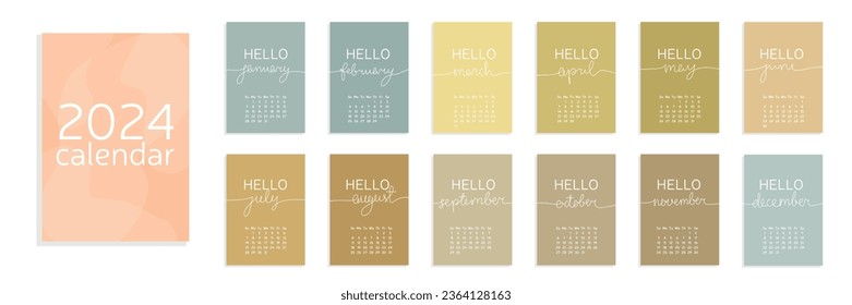 Calendar 2024 A4 with text Hello January, Hello February, Hello March, April, May, June, July, August, September, November, October, December. Vector illustration. Week start from Sunday.