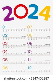 Calendar 2024, All month, 2 weeks line. Vector Illustration.