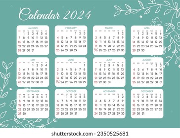 Calendar 2024 - All months -  National Holidays. Calendar commemorative dates and holidays 