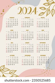 Calendar 2024 - All months -  National Holidays. Calendar commemorative dates and holidays 