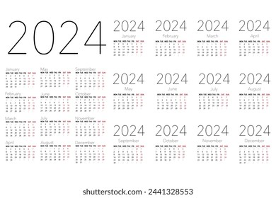 Calendar 2024, all months, vector, black, gray, red, vertical