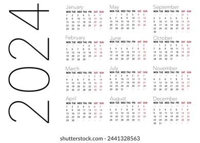 Calendar 2024, all months, vector, black, gray, red