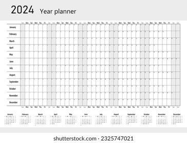 Calendar for 2024. Annual calendar planner. Schedule template with months. The week starts on Sunday. Organizer of the agenda. Vector illustration.