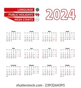 Calendar 2024 in Azerbaijani language with public holidays the country of Azerbaijan in year 2024. Week starts from Monday. Vector Illustration.
