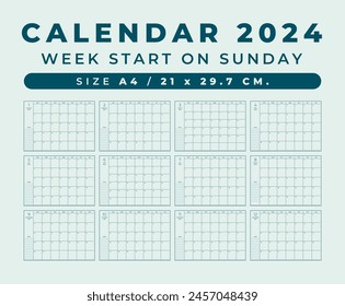 Calendar 2024 blank template clean and minimal design size A4, Week start on sunday