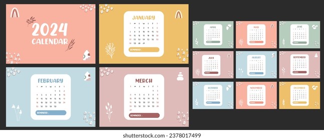 Calendar 2024 with boho style, Cute Illustrations, Pastel Colors, Sunday Start, 12 Months 