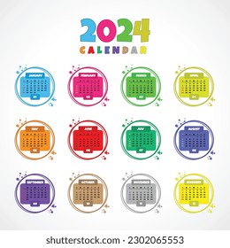 Calendar 2024 colorful cartoon style template vector illustration