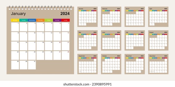 Calendar 2024 colorful design, set of 12 vector wall planner calendar pages on beige background. Week starts on Monday. Vector calendar template.