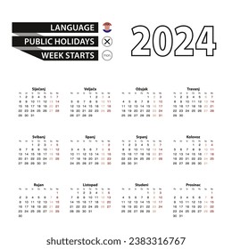 Calendario 2024 en croata, la semana comienza el lunes. Calendario de vectores 2024 año.