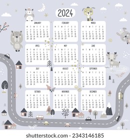 Calendario 2024 con animales lindos al estilo escandinavo. Plantilla de cuadrícula de calendario imprimible, primero lunes. Vida silvestre forestal, coches de carretera y de garabatos. Paisaje natural, carta dibujada a mano. ilustración vectorial