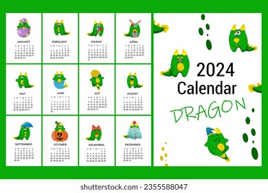 Calendar for 2024 cute bright green dragon. Vector illustration.
