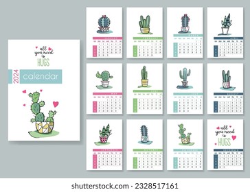 Calendar 2024 with cute cactuses in scandinavian style. Week Starts on Sunday. Set of 12 Months calendars. Great for kids, nursery, poster, print. Minimalistic style. Vector illustration.