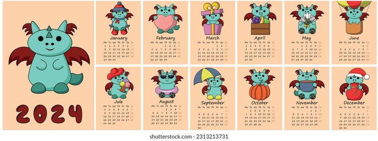 Calendar for 2024 with Cute Cartoon Character Dradon