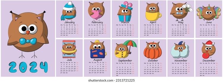 Calendar for 2024 with Cute Cartoon Character Owl