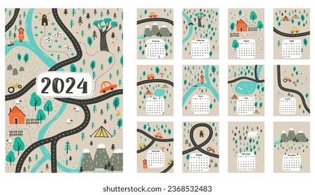 Calendar 2024 with cute countryside maps. Separate page for every month. Week starts on Sunday.