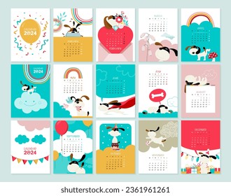 Calendar for 2024 cute dog. Vector illustration