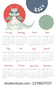 Calendar for 2024 with cute dragon, the Chinese symbol of the year. Illustration of the Year of the Dragon in 2024. Vector illustrations for kids.