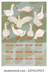 Calendar 2024. Cute geese vintage style. Dated 12 month calendar. Print-ready A3 format. Flat vector illustration