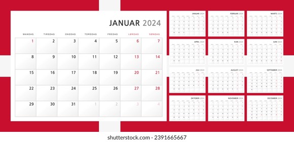 Calendar 2024 in Danish. Wall quarterly calendar for 2024 in a classic minimalist style. Week starts on Monday. Set of 12 months. Corporate Schedule Template. A4 format horizontal. Vector illustration