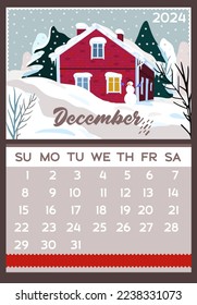 Calendar 2024. December. A4, A3 formats. Winter landscape with a house of red brick and fir trees.