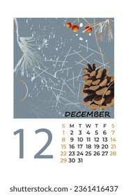 Calendar 2024 December month. Vector illustration. Nature abstraction.