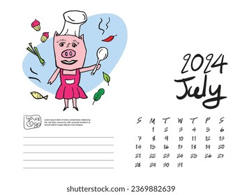 Calendar 2024 design template with Cute Pig vector illustration, July 2024, Lettering, Desk calendar 2024 layout, planner, wall calendar template, pig cartoon character, holiday event