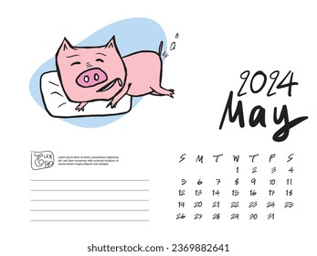 Plantilla de diseño Calendar 2024 con ilustración de vector Cute Pig, mayo de 2024, Lettering, calendario de escritorio 2024 disposición, planificador, plantilla de calendario de pared, personaje de dibujos animados de cerdo, evento de vacaciones