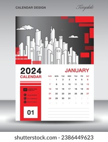 Calendar 2024 design template- January 2024 year layout, vertical calendar design, Desk calendar template, Wall calendar 2024 template, Planner, week starts on sunday, red vector