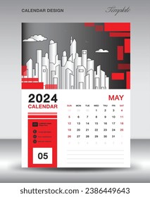 Plantilla de diseño Calendario 2024 - Diseño de calendario vertical, plantilla de calendario de escritorio, plantilla de calendario de pared 2024, Planner, semana comienza el domingo, vector rojo