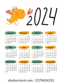 Calendar 2024 with dragon starting from Sunday. Vector illustration