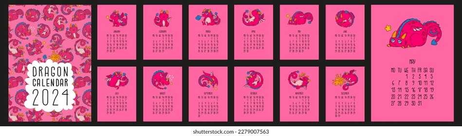 Calendar for 2024 with a dragon - a symbol of the Chinese New Year. Little dragon in different poses. A4. Year of the dragon in the Chinese calendar. Cartoon style. Vector illustration. 