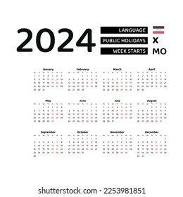 Calendar 2024 English language with Iraq public holidays. Week starts from Monday. Graphic design vector illustration.